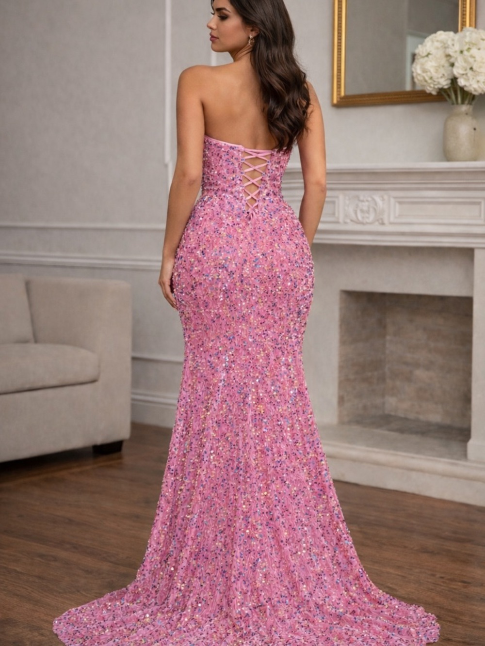 Strapless Pink Sequin Evening Gown with Front Slit - Picture 2 of 8